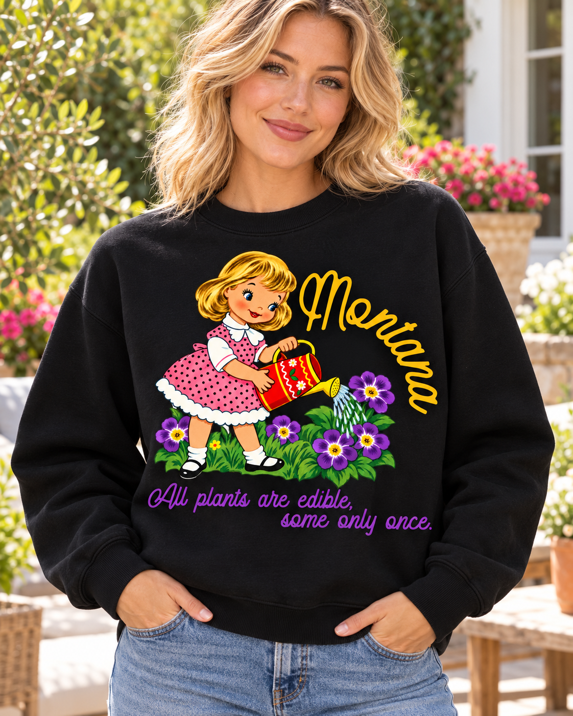 ontana “All Plants Are Edible” Crewneck – Vintage Garden Girl Sweatshirt in Black