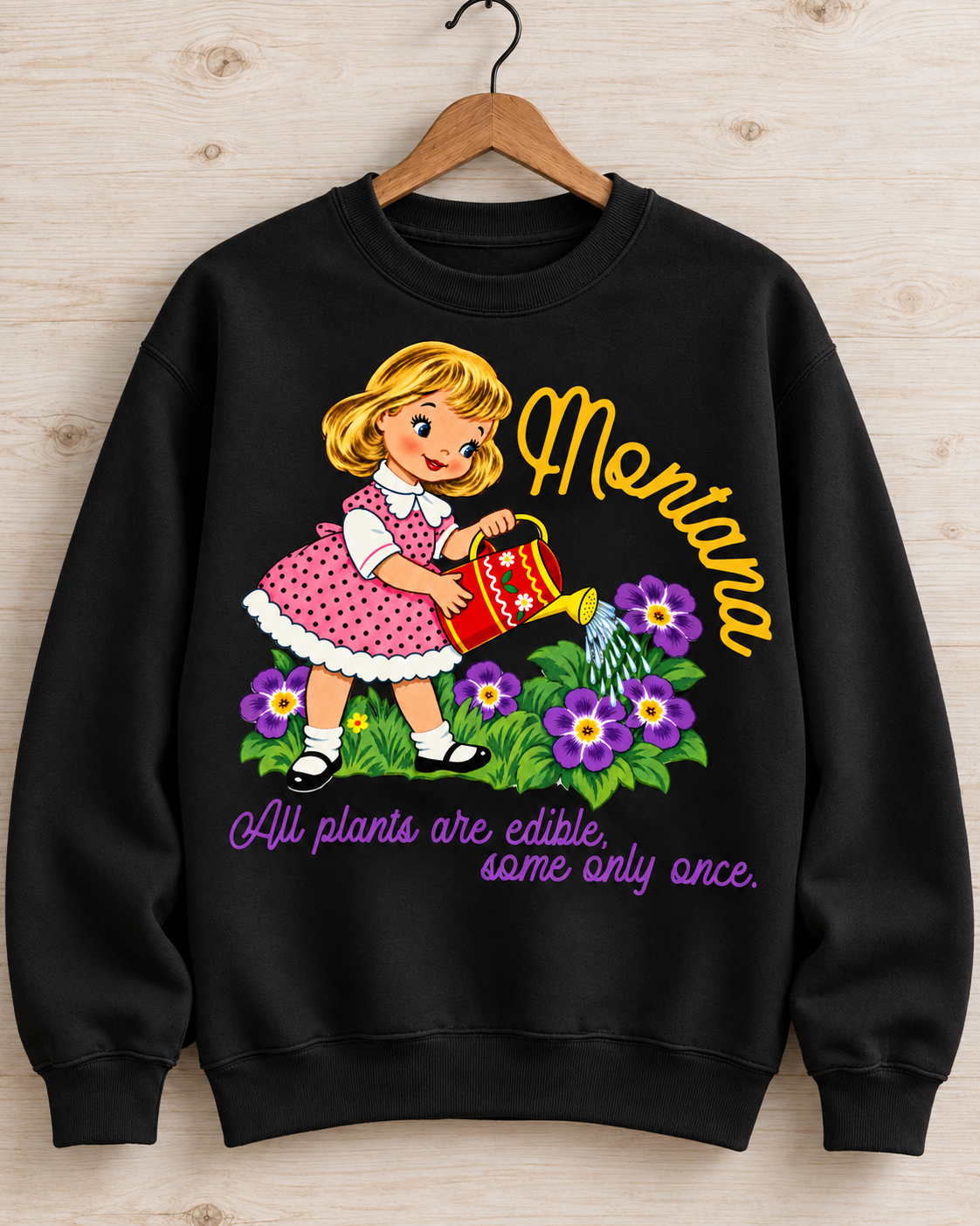 ontana “All Plants Are Edible” Crewneck – Vintage Garden Girl Sweatshirt in Black
