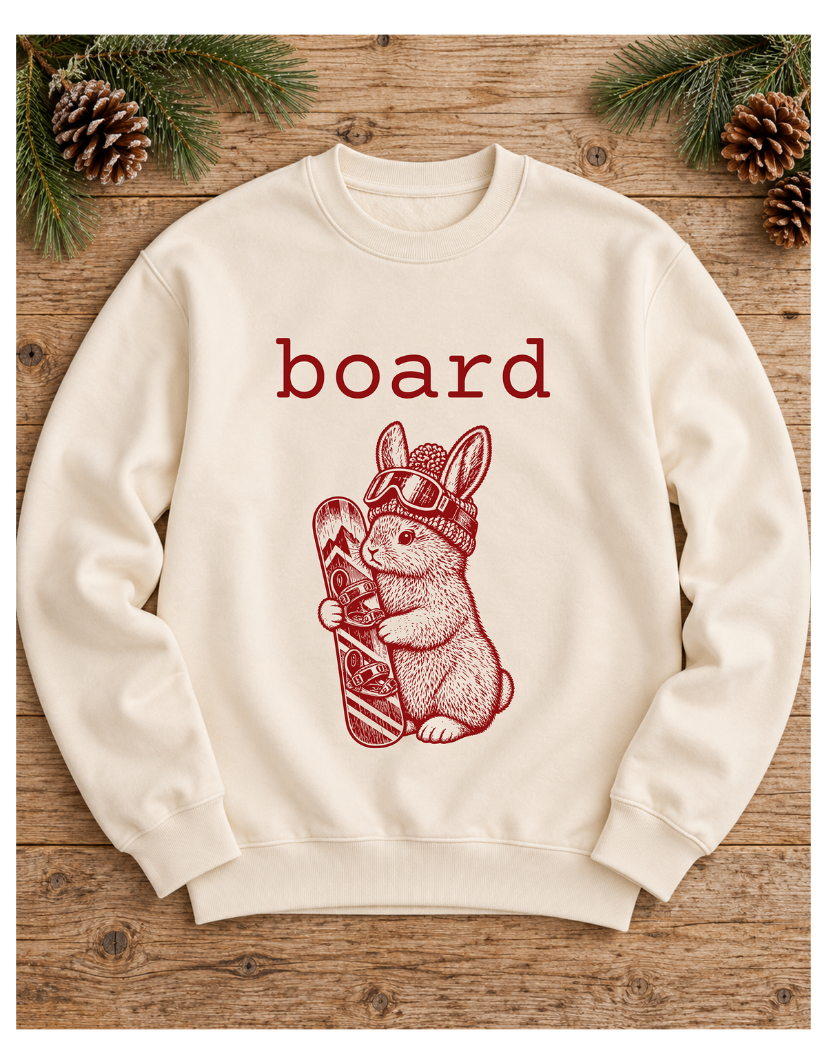 Board Bunny Crewneck Sweatshirt – Vintage Snowboard Bunny in Beanie & Goggles, Cream