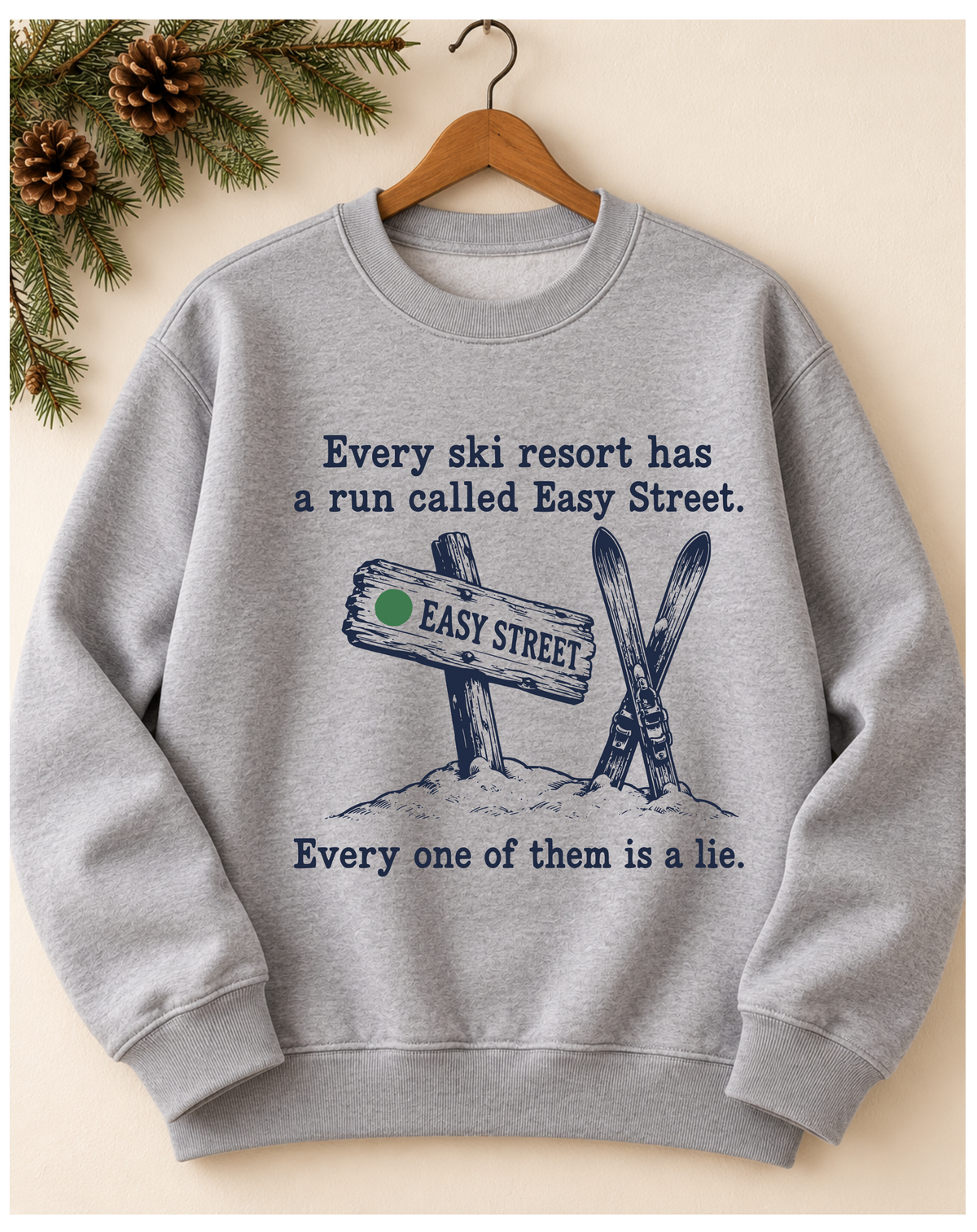 Easy Street Ski Crewneck – Funny Vintage Ski Sweatshirt, Heather Gray