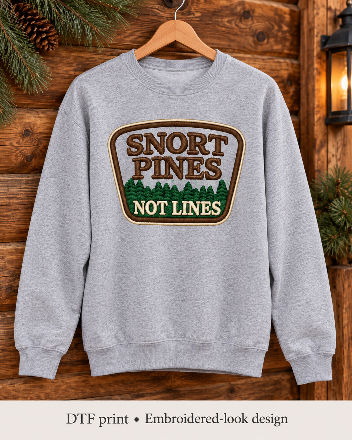 Snort Pines Not Lines Crewneck – Faux Patch Print Sweatshirt, Heather Gray