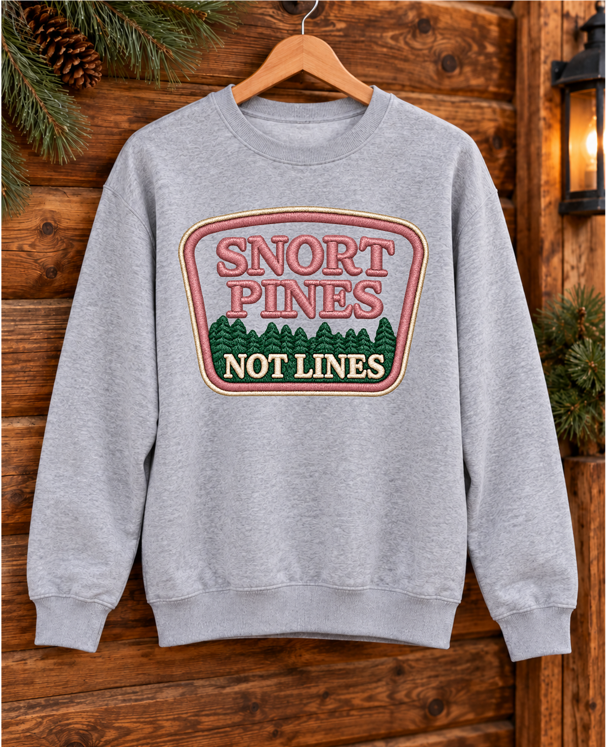 Snort Pines Not Lines Crewneck – Faux Patch Print Sweatshirt, Heather Gray