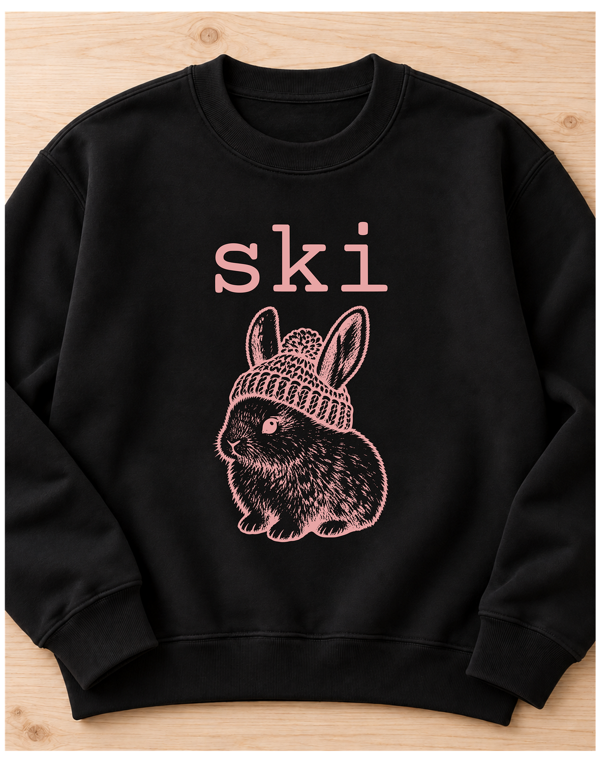 Ski Bunny Crewneck Sweatshirt – Vintage Bunny in Beanie, Black & Dusty Pink