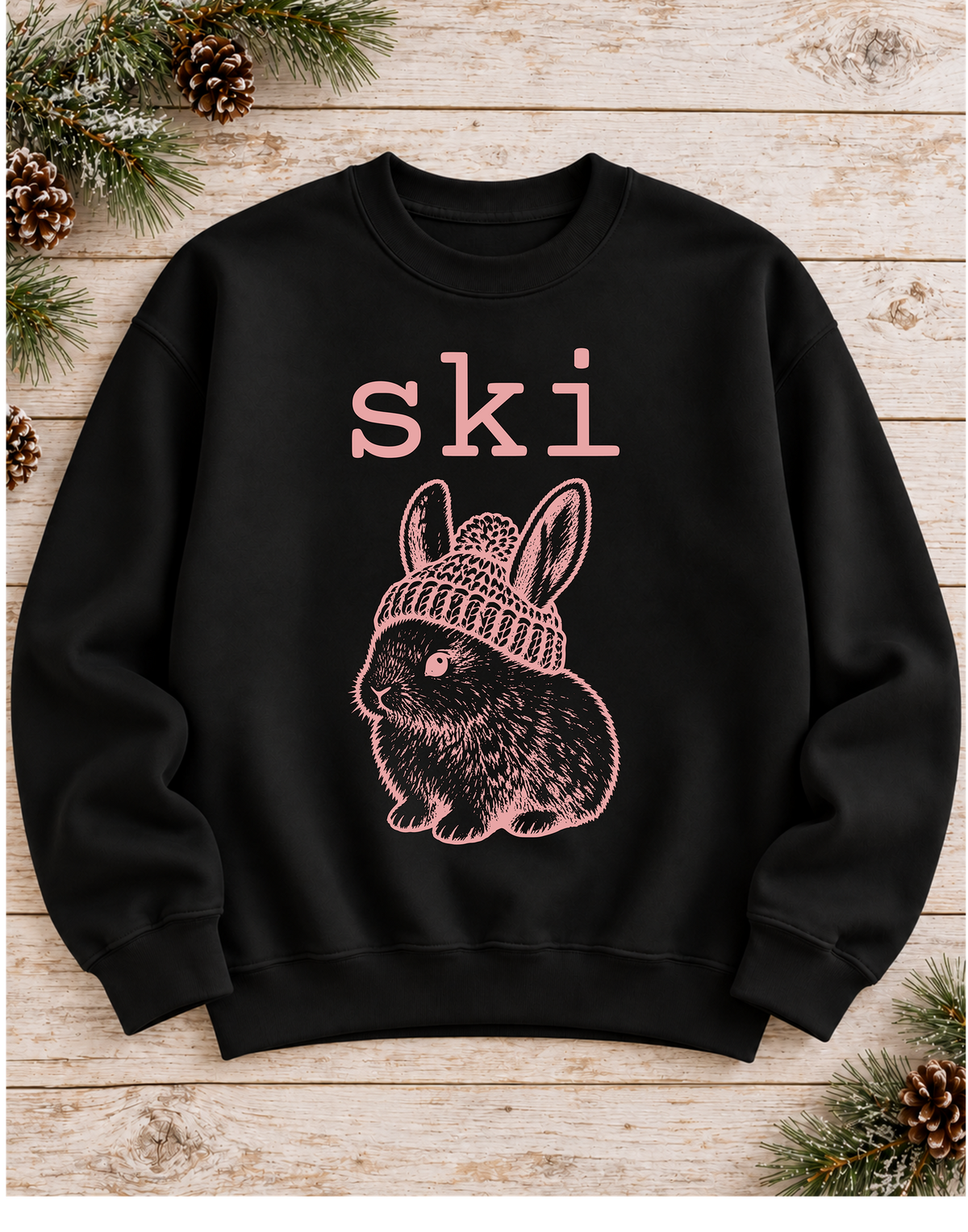 Ski Bunny Crewneck Sweatshirt – Vintage Bunny in Beanie, Black & Dusty Pink
