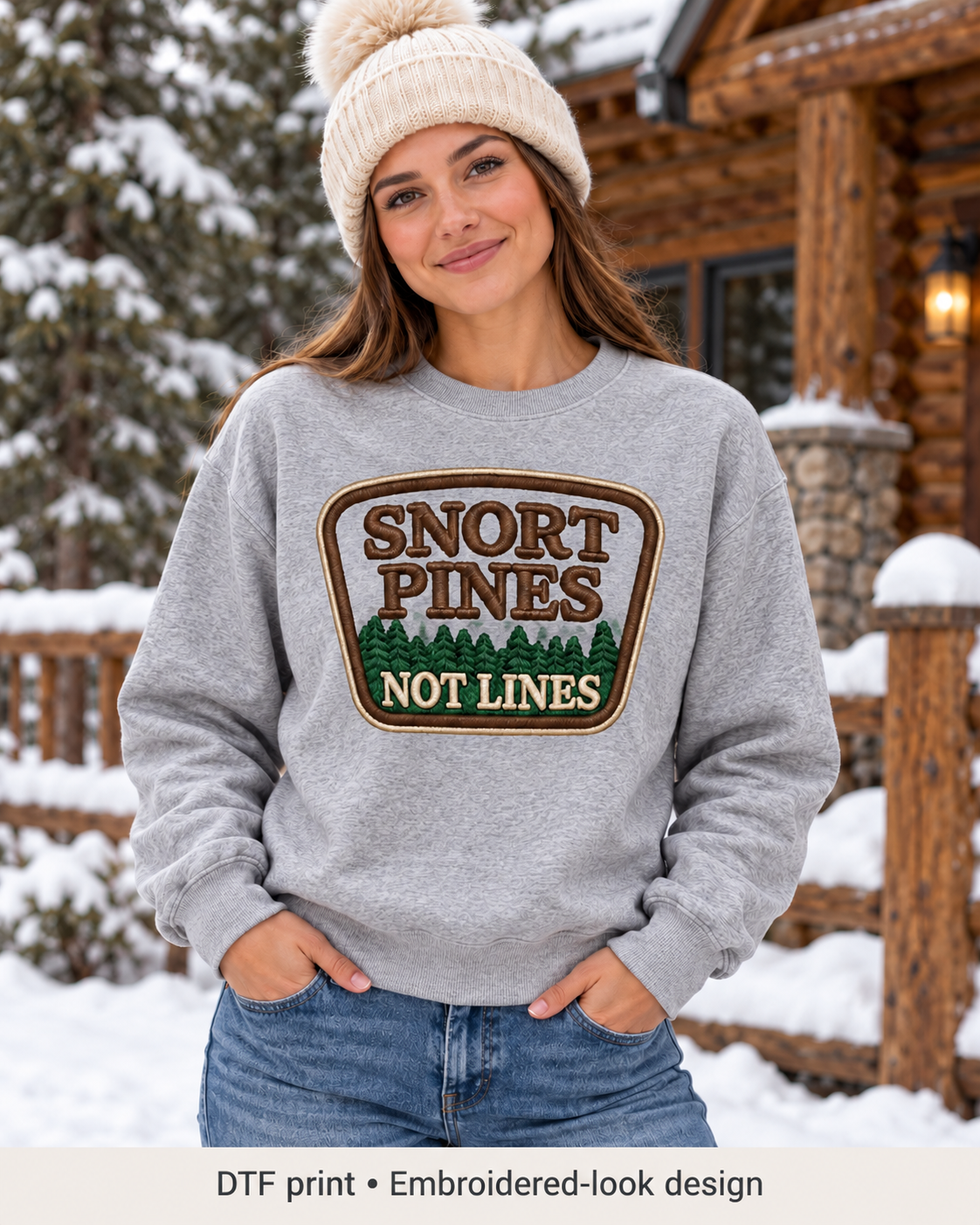 Snort Pines Not Lines Crewneck – Faux Patch Print Sweatshirt, Heather Gray