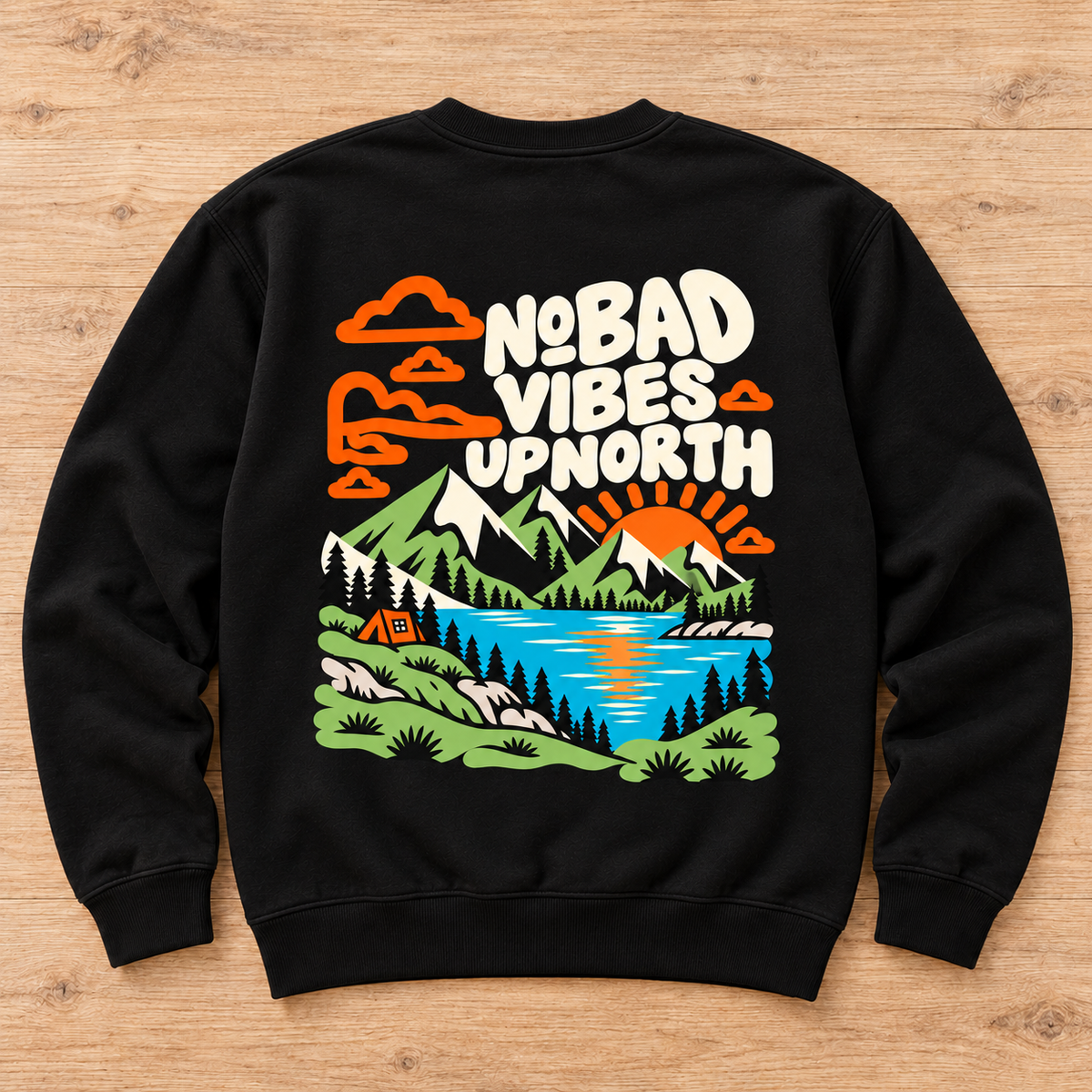 No Bad Vibes Up North Crew Neck Sweater | Retro Lake Life Crew Neck | Cabin Camping Mountain Cozy Gift