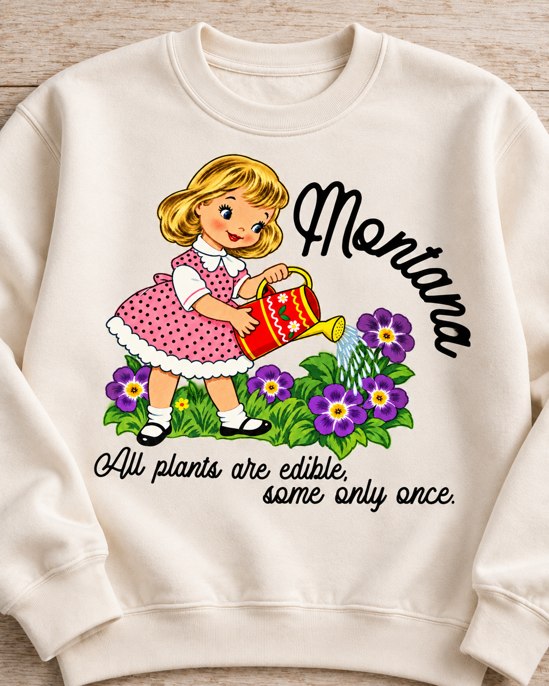 ontana “All Plants Are Edible” Crewneck – Vintage Garden Girl Sweatshirt in Cream
