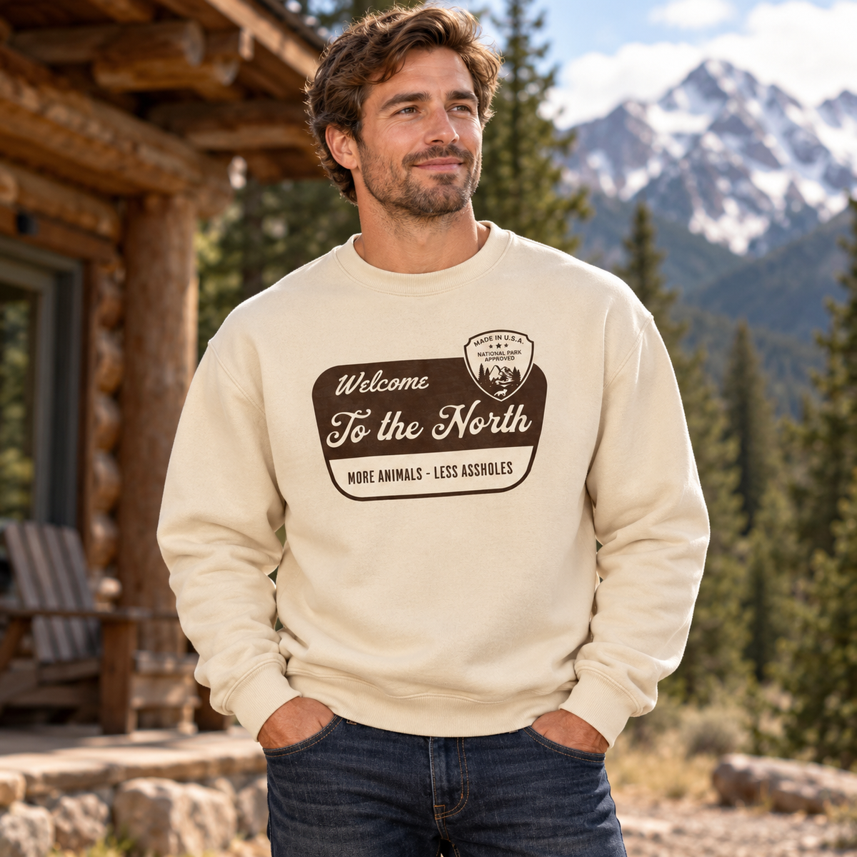 More Animals Less Assholes Sweatshirt | Welcome to the North Crewneck | Funny Outdoor Cabin Hiking Gift
