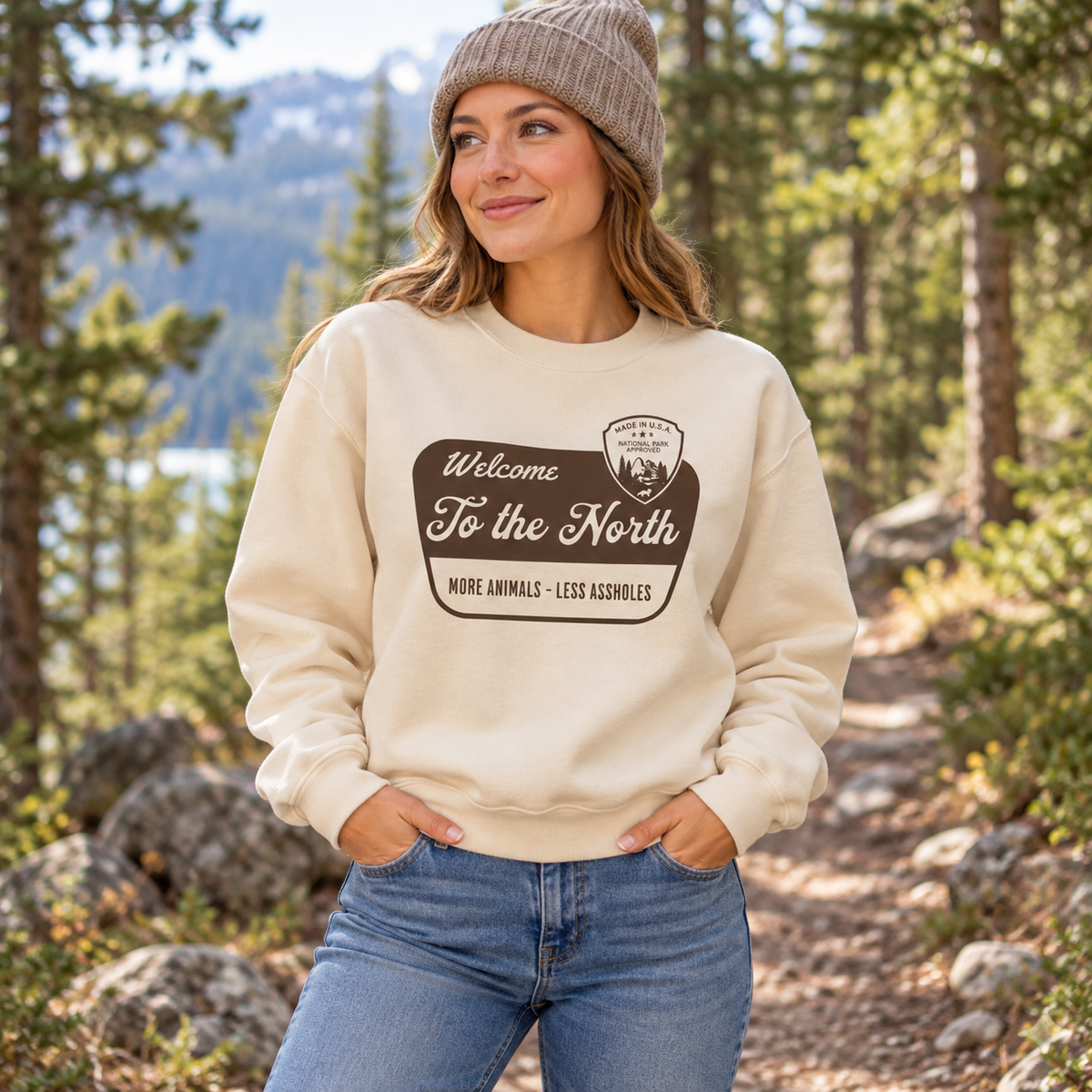 More Animals Less Assholes Sweatshirt | Welcome to the North Crewneck | Funny Outdoor Cabin Hiking Gift