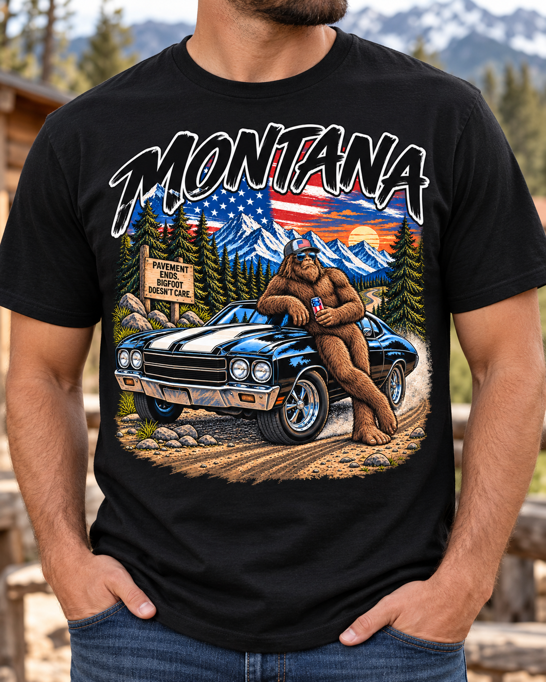 Montana Bigfoot Muscle Car Tee – Vintage Americana Sasquatch Graphic Shirt, Black