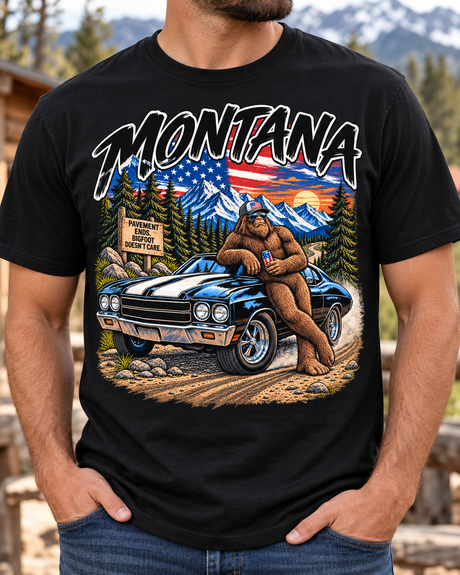 Montana Bigfoot Muscle Car Tee – Vintage Americana Sasquatch Graphic Shirt, Black