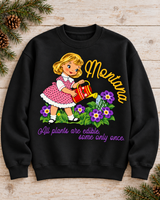 ontana “All Plants Are Edible” Crewneck – Vintage Garden Girl Sweatshirt in Black