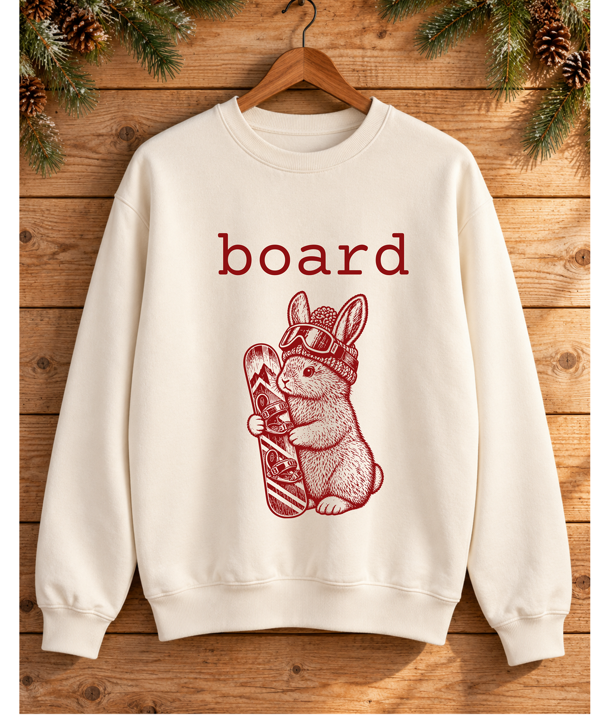 Board Bunny Crewneck Sweatshirt – Vintage Snowboard Bunny in Beanie & Goggles, Cream