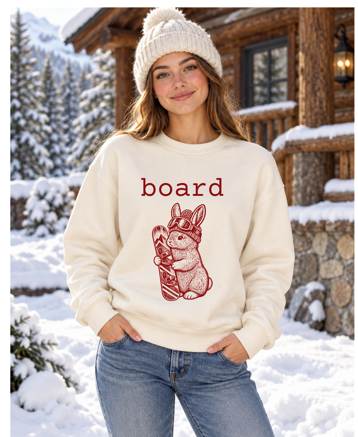Board Bunny Crewneck Sweatshirt – Vintage Snowboard Bunny in Beanie & Goggles, Cream