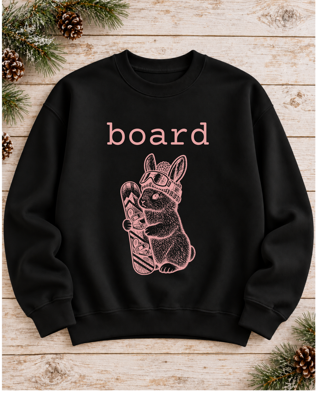 Board Bunny Crewneck Sweatshirt – Vintage Snowboard Bunny in Beanie & Goggles, Cream