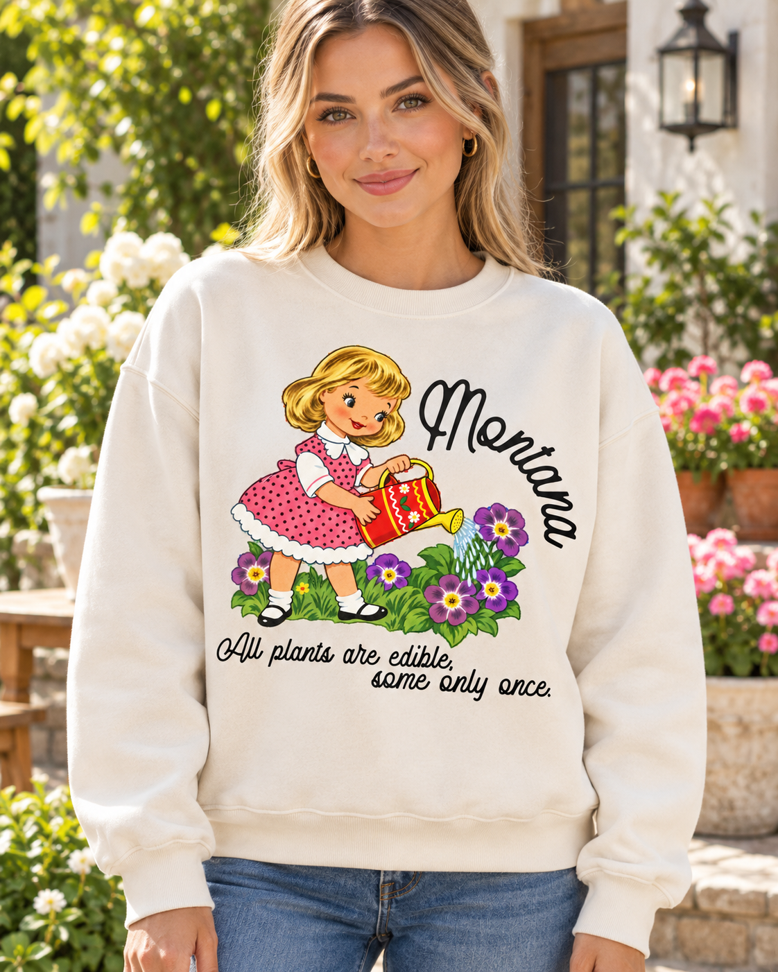 ontana “All Plants Are Edible” Crewneck – Vintage Garden Girl Sweatshirt in Cream