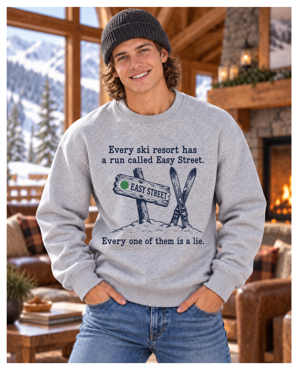 Easy Street Ski Crewneck – Funny Vintage Ski Sweatshirt, Heather Gray