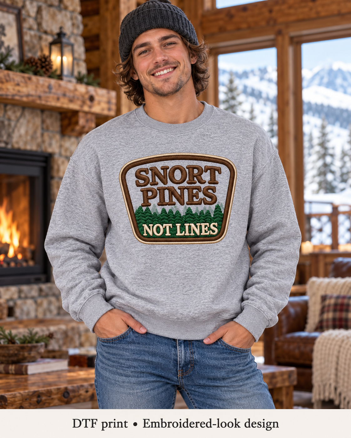 Snort Pines Not Lines Crewneck – Faux Patch Print Sweatshirt, Heather Gray