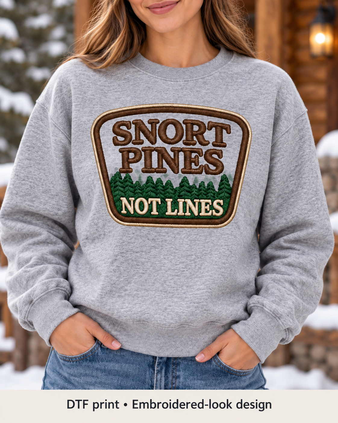 Snort Pines Not Lines Crewneck – Faux Patch Print Sweatshirt, Heather Gray