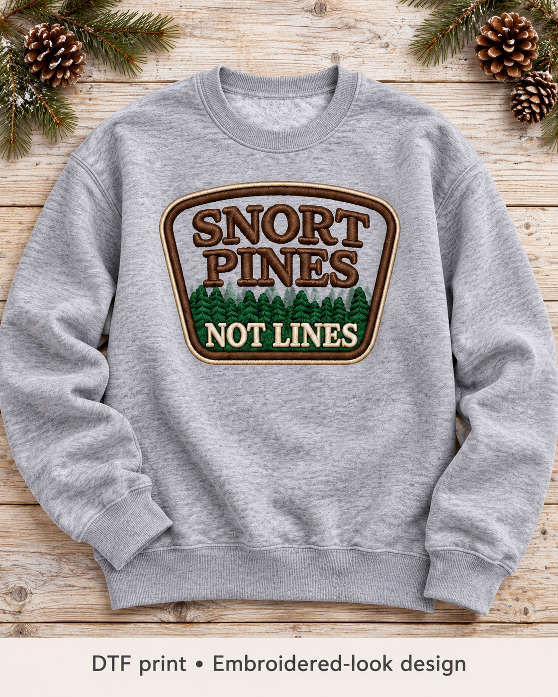 Snort Pines Not Lines Crewneck – Faux Patch Print Sweatshirt, Heather Gray