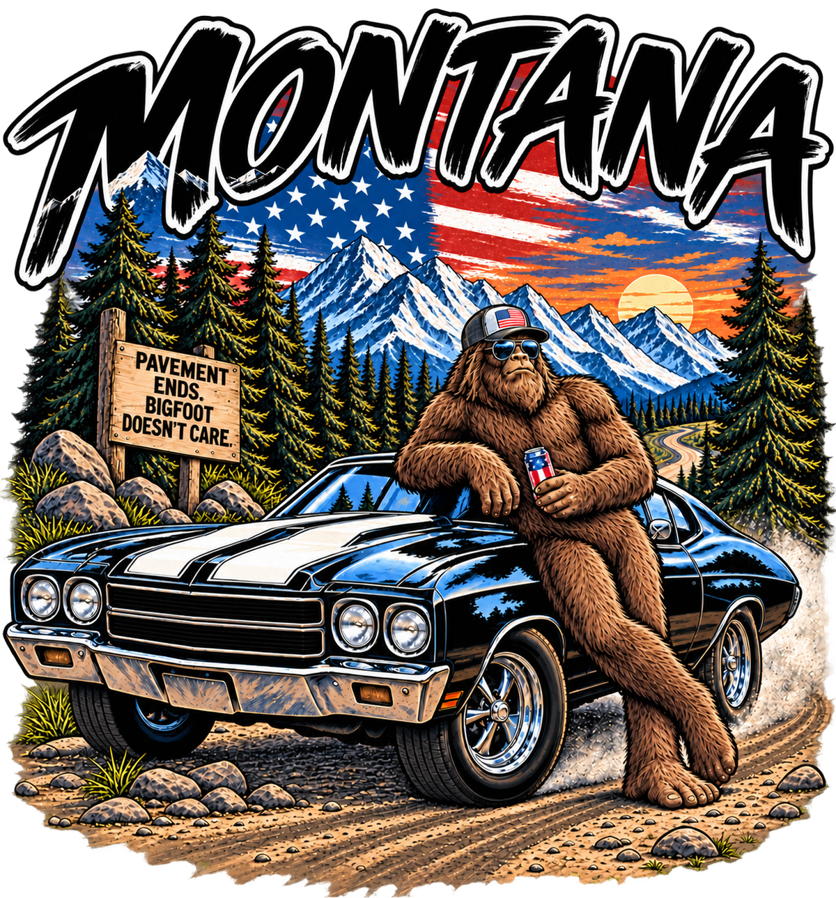 Montana Bigfoot Muscle Car Tee – Vintage Americana Sasquatch Graphic Shirt, Black