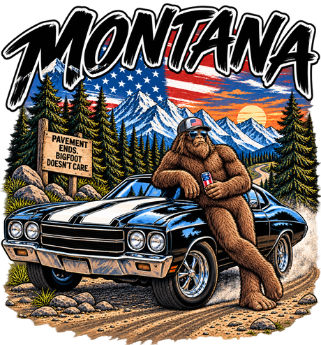 Montana Bigfoot Muscle Car Tee – Vintage Americana Sasquatch Graphic Shirt, Black