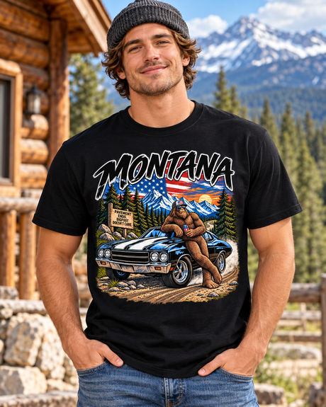 Montana Bigfoot Muscle Car Tee – Vintage Americana Sasquatch Graphic Shirt, Black