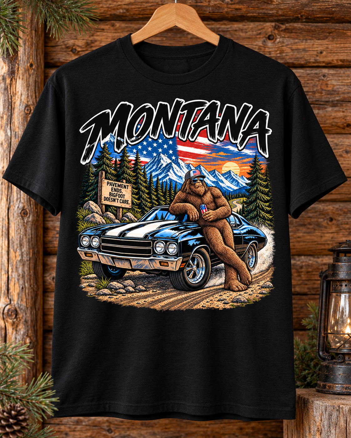 Montana Bigfoot Muscle Car Tee – Vintage Americana Sasquatch Graphic Shirt, Black