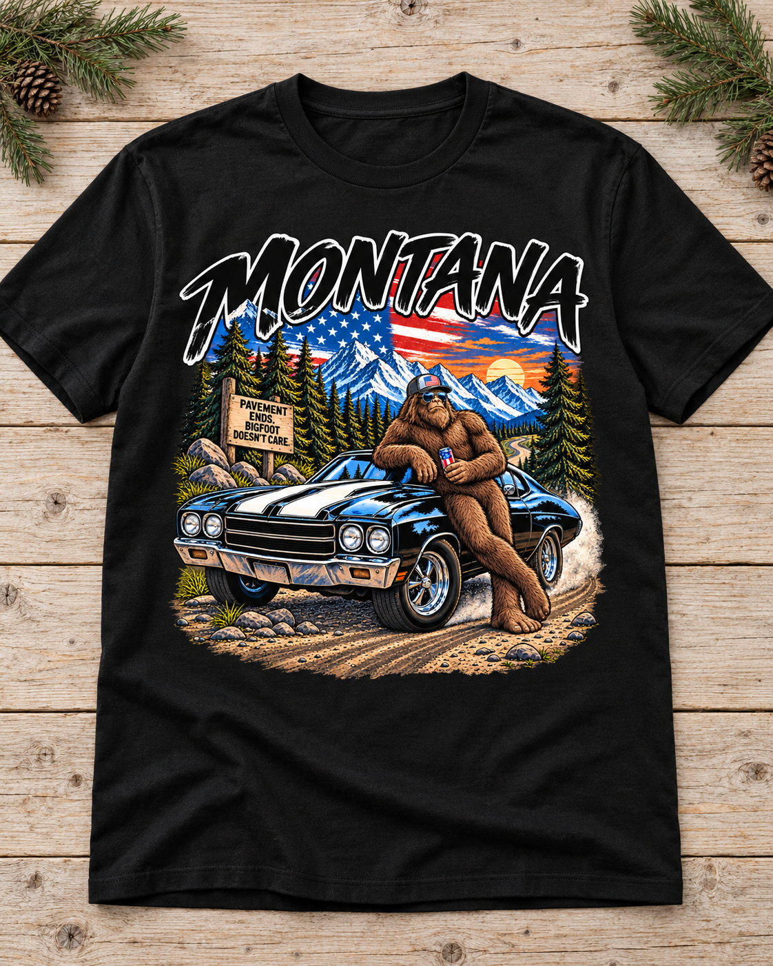 Montana Bigfoot Muscle Car Tee – Vintage Americana Sasquatch Graphic Shirt, Black