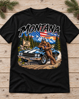 Montana Bigfoot Muscle Car Tee – Vintage Americana Sasquatch Graphic Shirt, Black