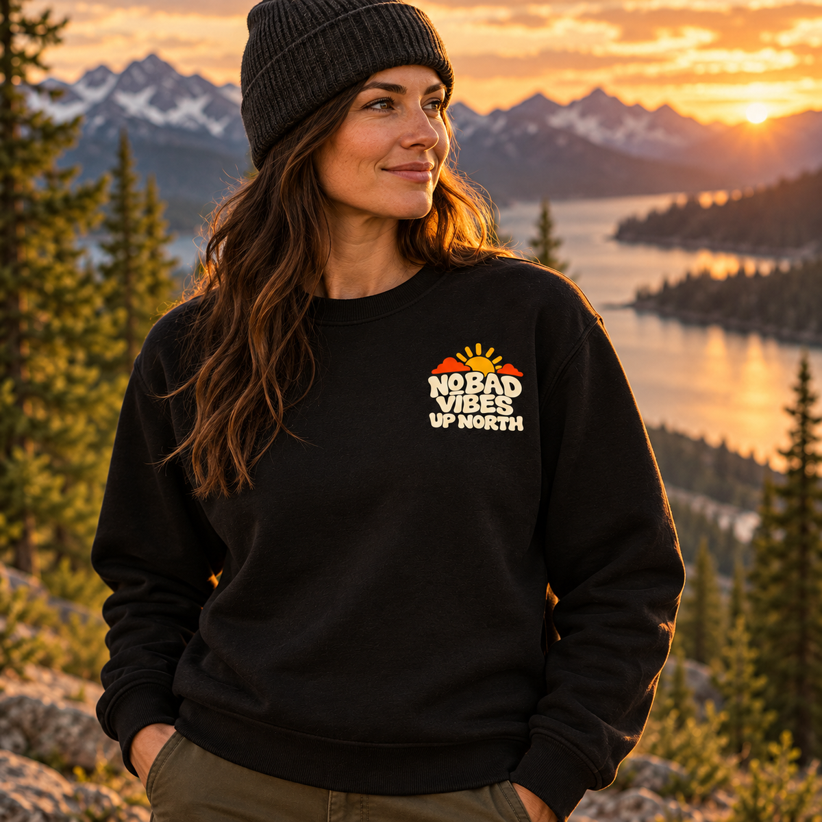 No Bad Vibes Up North Crew Neck Sweater | Retro Lake Life Crew Neck | Cabin Camping Mountain Cozy Gift