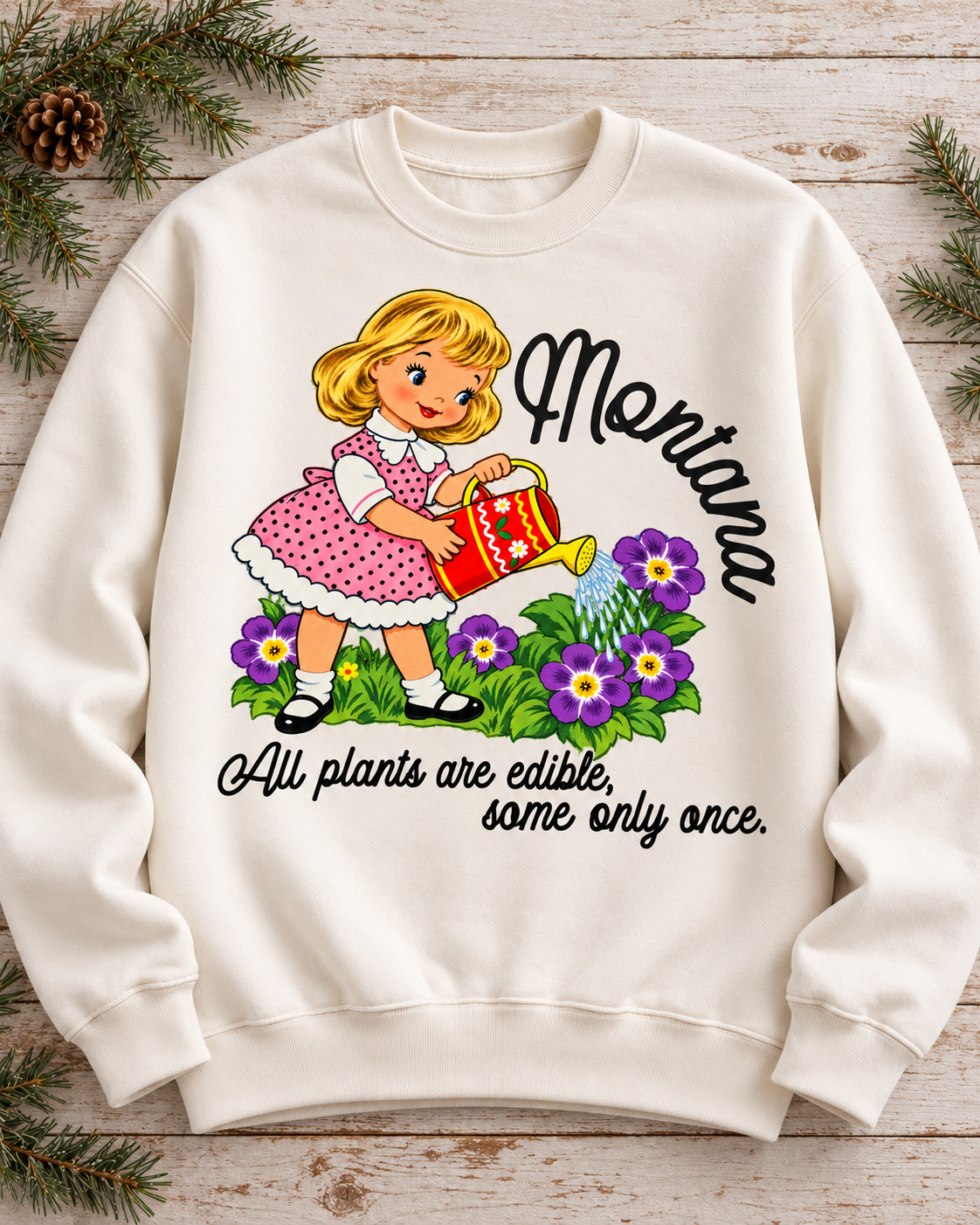 ontana “All Plants Are Edible” Crewneck – Vintage Garden Girl Sweatshirt in Cream