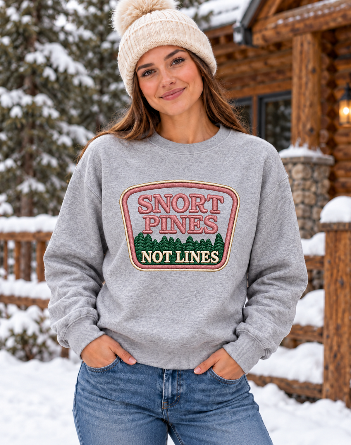 Snort Pines Not Lines Crewneck – Faux Patch Print Sweatshirt, Heather Gray