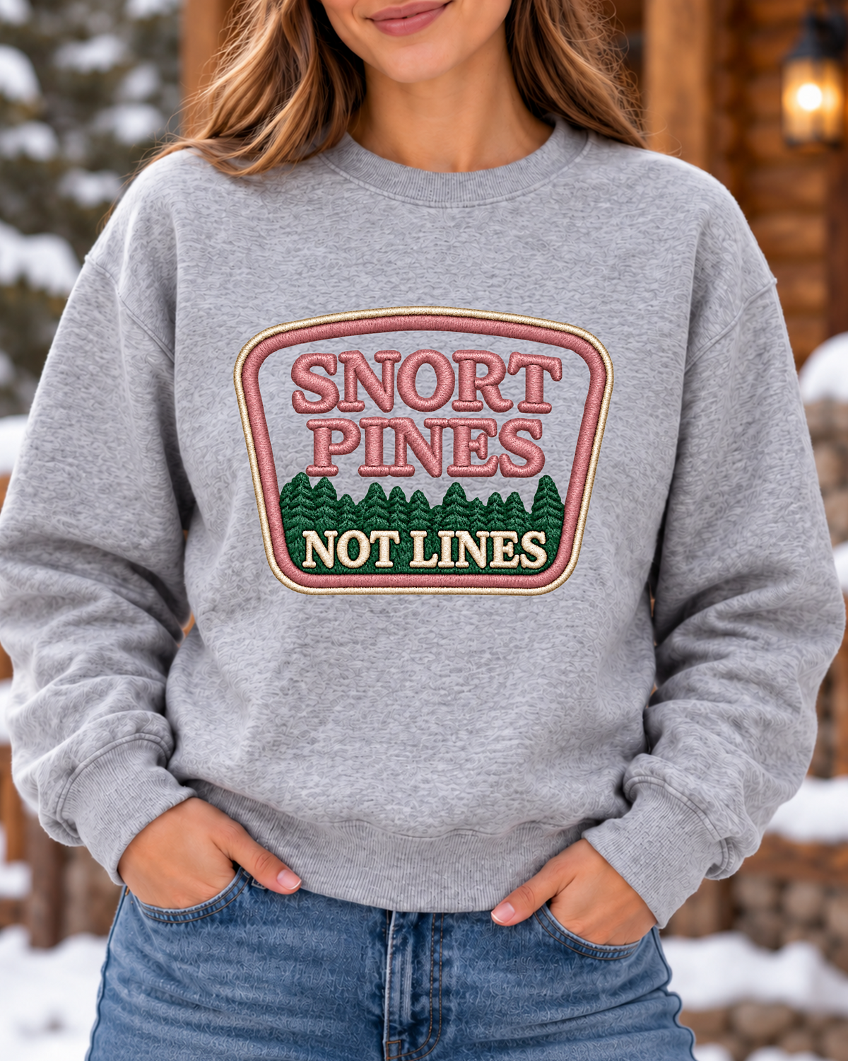 Snort Pines Not Lines Crewneck – Faux Patch Print Sweatshirt, Heather Gray