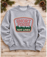 Snort Pines Not Lines Crewneck – Faux Patch Print Sweatshirt, Heather Gray