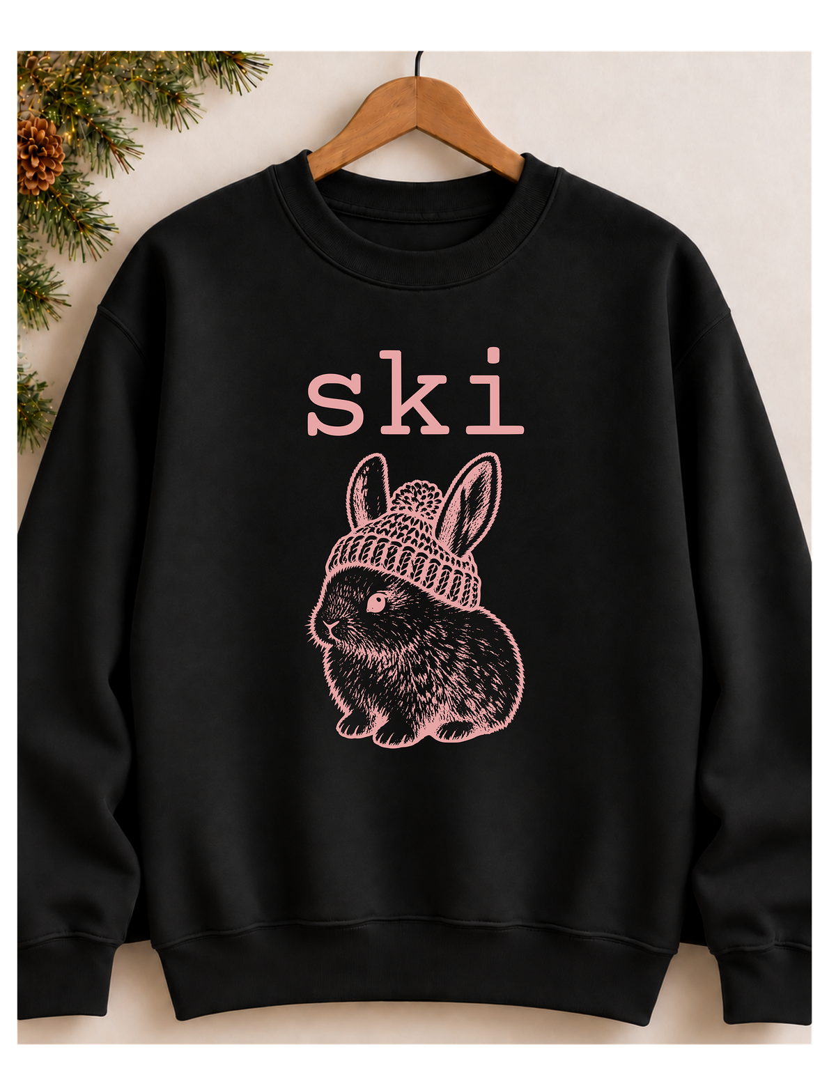Ski Bunny Crewneck Sweatshirt – Vintage Bunny in Beanie, Black & Dusty Pink