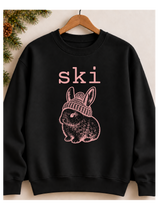 Ski Bunny Crewneck Sweatshirt – Vintage Bunny in Beanie, Black & Dusty Pink