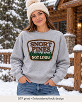Snort Pines Not Lines Crewneck – Faux Patch Print Sweatshirt, Heather Gray