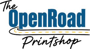 A logo-style graphic reading 'The OpenRoad Printshop' with large blue 'OpenRoad' text, black script text, and a yellow dashed road line on a white background.