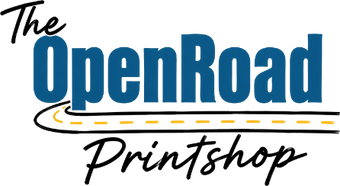 A logo-style graphic reading 'The OpenRoad Printshop' with large blue 'OpenRoad' text, black script text, and a yellow dashed road line on a white background.